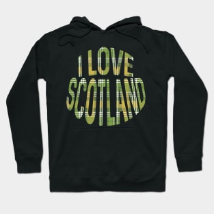 I LOVE SCOTLAND Green, White and Yellow Tartan Colour Typography Design Hoodie